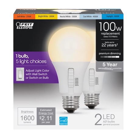 Feit Electric Feit A21 E26 (Medium) LED Bulb Adjustable White 100 Watt Equivalence 2 pk OM100DM/6WYCA/2